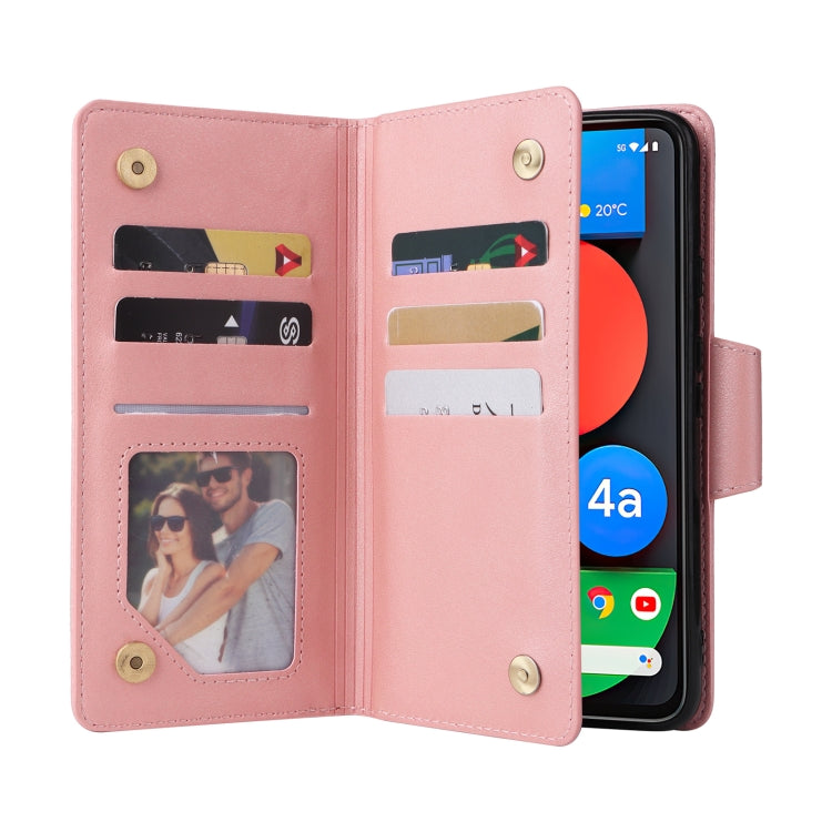 For Google Pixel 4A 5G Rivet Buckle 9 Cards Three Fold Leather Phone Case(Rose Gold) by buy2fix