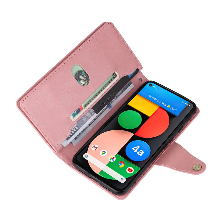 For Google Pixel 4A 5G Rivet Buckle 9 Cards Three Fold Leather Phone Case(Rose Gold) by buy2fix