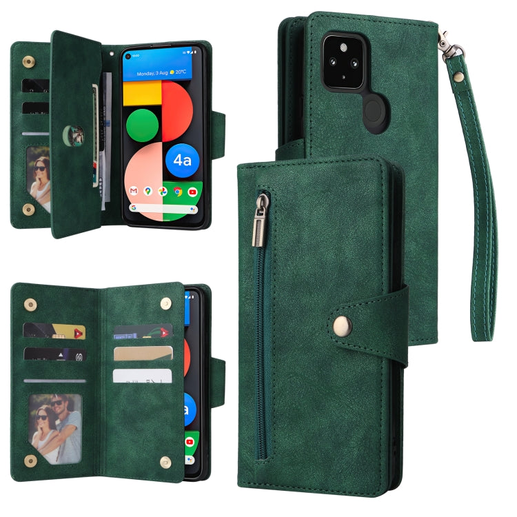 For Google Pixel 4A 5G Rivet Buckle 9 Cards Three Fold Leather Phone Case(Green) by buy2fix
