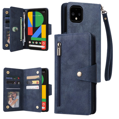 For Google Pixel 4 XL Rivet Buckle 9 Cards Three Fold Leather Phone Case(Blue) by buy2fix