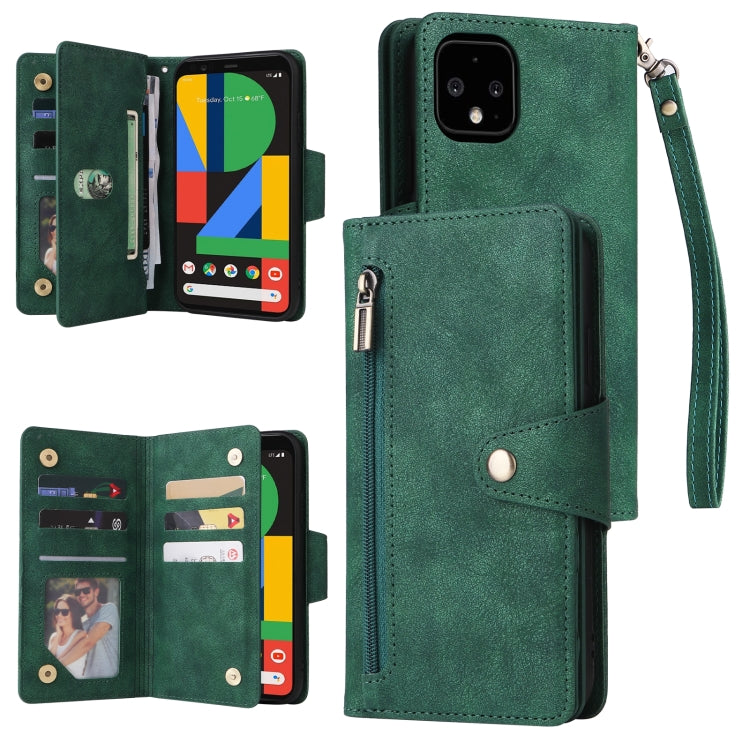For Google Pixel 4 XL Rivet Buckle 9 Cards Three Fold Leather Phone Case(Green) by buy2fix