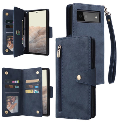 For Google Pixel 6 Rivet Buckle 9 Cards Three Fold Leather Phone Case(Blue) by buy2fix