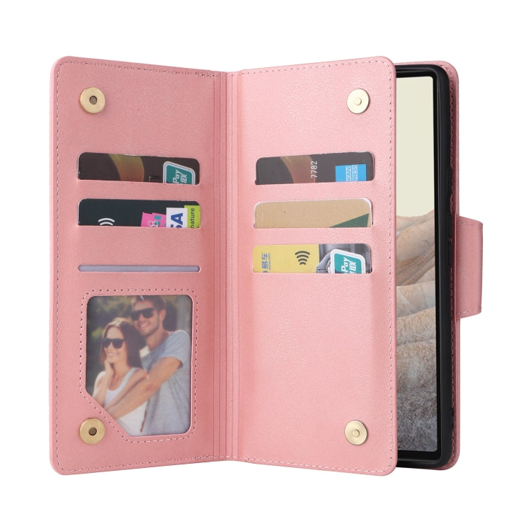 For Google Pixel 6 Rivet Buckle 9 Cards Three Fold Leather Phone Case(Rose Gold) by buy2fix