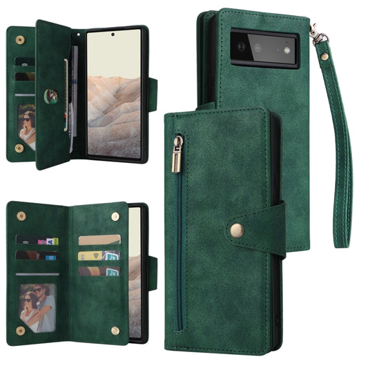 For Google Pixel 6 Rivet Buckle 9 Cards Three Fold Leather Phone Case(Green) by buy2fix