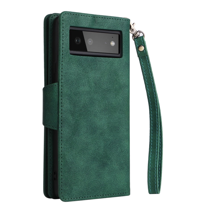 For Google Pixel 6 Rivet Buckle 9 Cards Three Fold Leather Phone Case(Green) by buy2fix