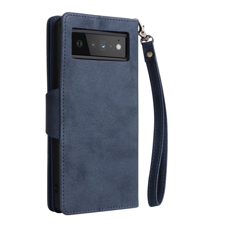 For Google Pixel 6 Pro Rivet Buckle 9 Cards Three Fold Leather Phone Case(Blue) by buy2fix
