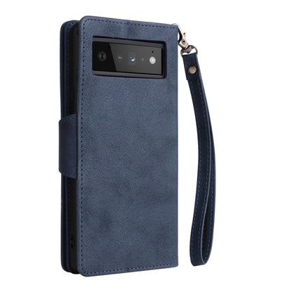 For Google Pixel 6 Pro Rivet Buckle 9 Cards Three Fold Leather Phone Case(Blue) by buy2fix