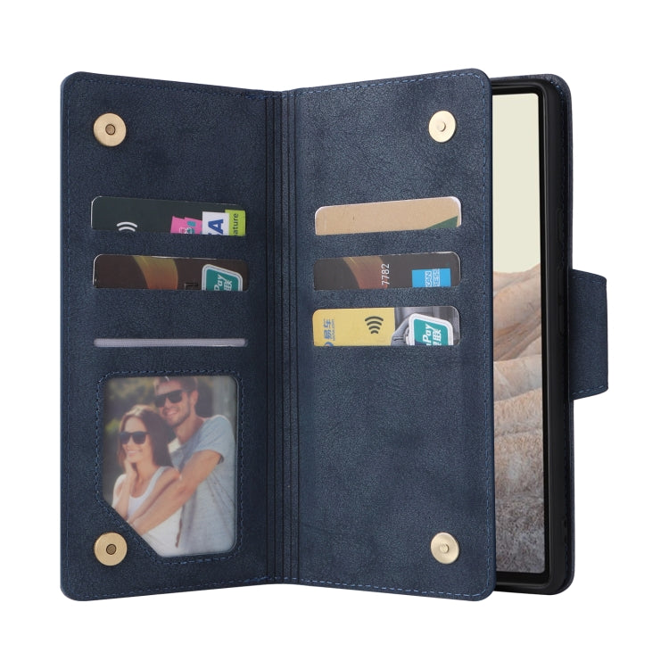 For Google Pixel 6 Pro Rivet Buckle 9 Cards Three Fold Leather Phone Case(Blue) by buy2fix
