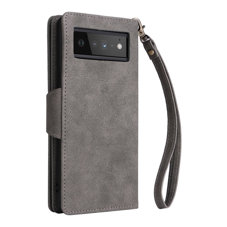 For Google Pixel 6 Pro Rivet Buckle 9 Cards Three Fold Leather Phone Case(Grey) by buy2fix