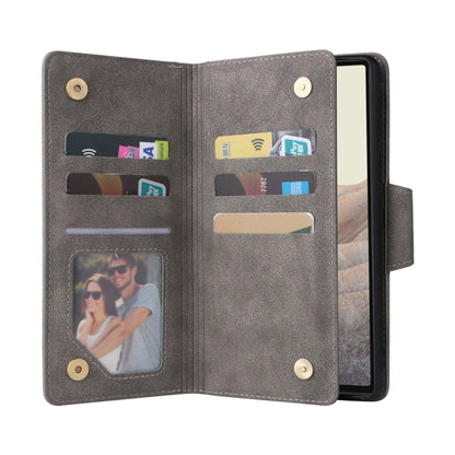 For Google Pixel 6 Pro Rivet Buckle 9 Cards Three Fold Leather Phone Case(Grey) by buy2fix