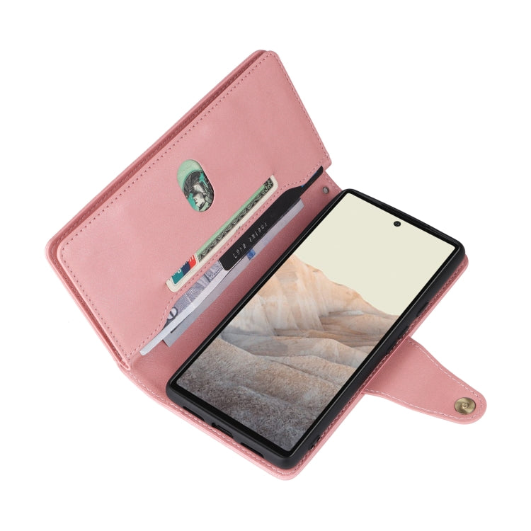For Google Pixel 6 Pro Rivet Buckle 9 Cards Three Fold Leather Phone Case(Rose Gold) by buy2fix