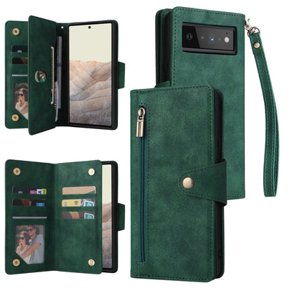 For Google Pixel 6 Pro Rivet Buckle 9 Cards Three Fold Leather Phone Case(Green) by buy2fix