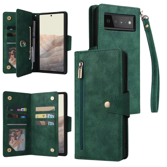 For Google Pixel 6 Pro Rivet Buckle 9 Cards Three Fold Leather Phone Case(Green) by buy2fix