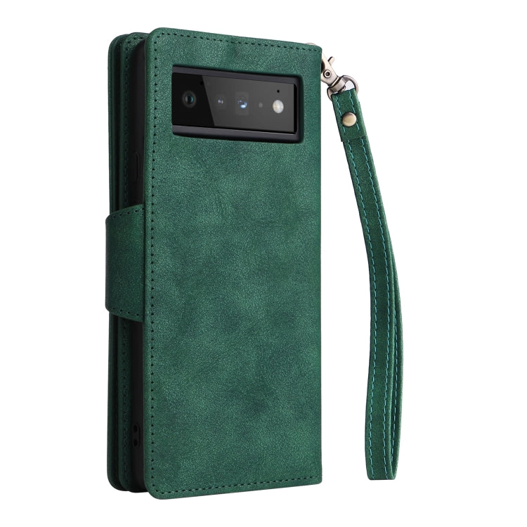 For Google Pixel 6 Pro Rivet Buckle 9 Cards Three Fold Leather Phone Case(Green) by buy2fix