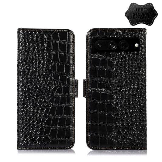 For Google Pixel 7 Pro 5G Crocodile Top Layer Cowhide Leather Phone Case(Black) - Google Cases by buy2fix | Online Shopping UK | buy2fix