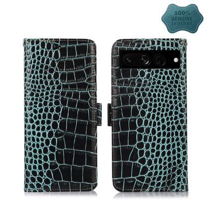 For Google Pixel 7 Pro 5G Crocodile Top Layer Cowhide Leather Phone Case(Green) - Google Cases by buy2fix | Online Shopping UK | buy2fix