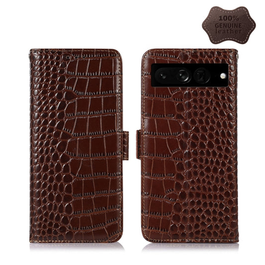 For Google Pixel 7 Pro 5G Crocodile Top Layer Cowhide Leather Phone Case(Brown) - Google Cases by buy2fix | Online Shopping UK | buy2fix