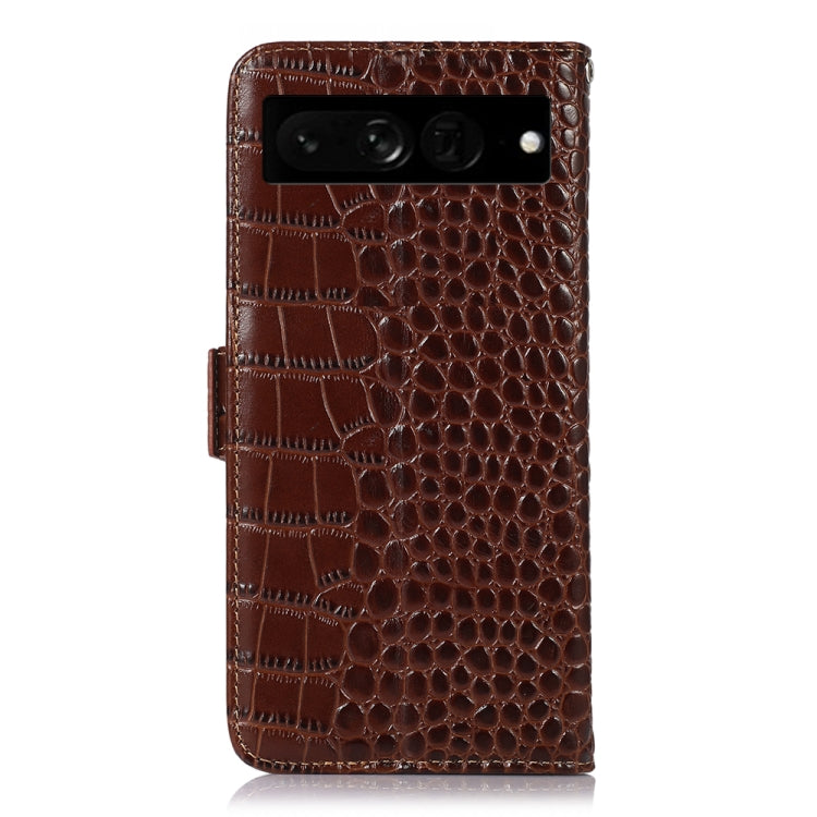 For Google Pixel 7 Pro 5G Crocodile Top Layer Cowhide Leather Phone Case(Brown) - Google Cases by buy2fix | Online Shopping UK | buy2fix