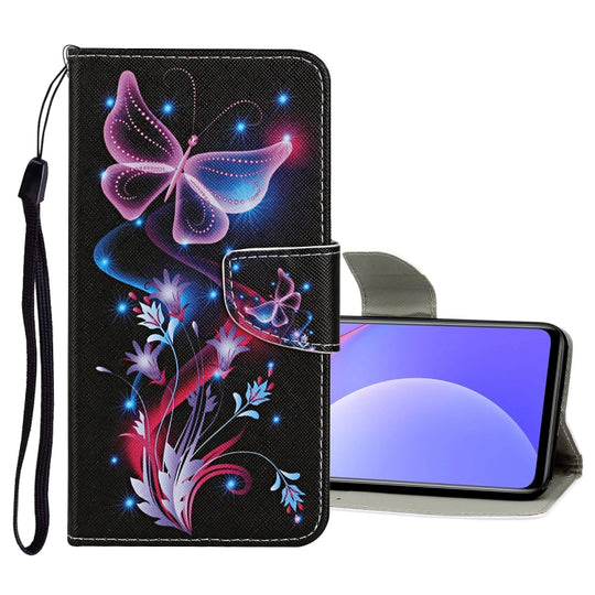 For Xiaomi Redmi Note 11 China Colored Drawing Pattern Flip Leather Case(Fluorescent Butterfly)