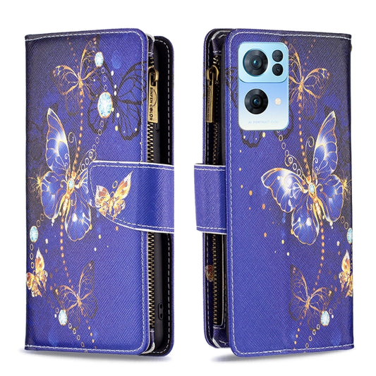 For OPPO Reno7 5G Global Colored Drawing Pattern Zipper Horizontal Flip Phone Leather Case(Purple Butterfly) by buy2fix