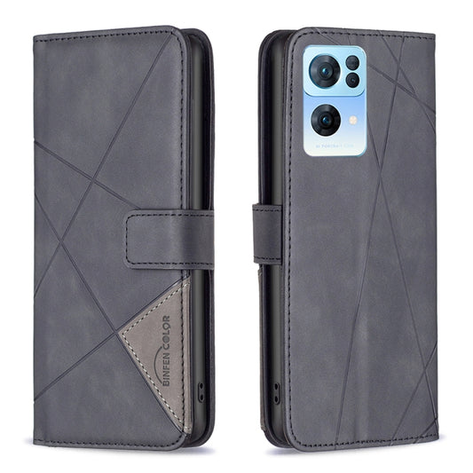 For OPPO Reno7 5G Global BF05 Magnetic Buckle Rhombus Texture Leather Phone Case(Black) by buy2fix