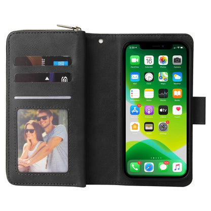 For iPhone 13 mini 9 Card Slots Zipper Wallet Bag Leather Phone Case (Black) - iPhone 13 mini Cases by buy2fix | Online Shopping UK | buy2fix