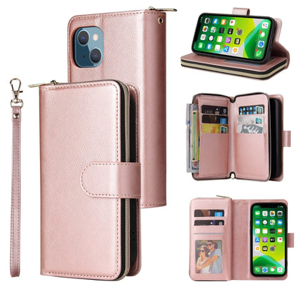 For iPhone 13 mini 9 Card Slots Zipper Wallet Bag Leather Phone Case (Rose Gold) - iPhone 13 mini Cases by buy2fix | Online Shopping UK | buy2fix