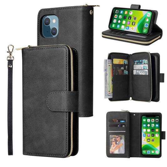 For iPhone 13 9 Card Slots Zipper Wallet Bag Leather Phone Case(Black) - iPhone 13 Cases by buy2fix | Online Shopping UK | buy2fix