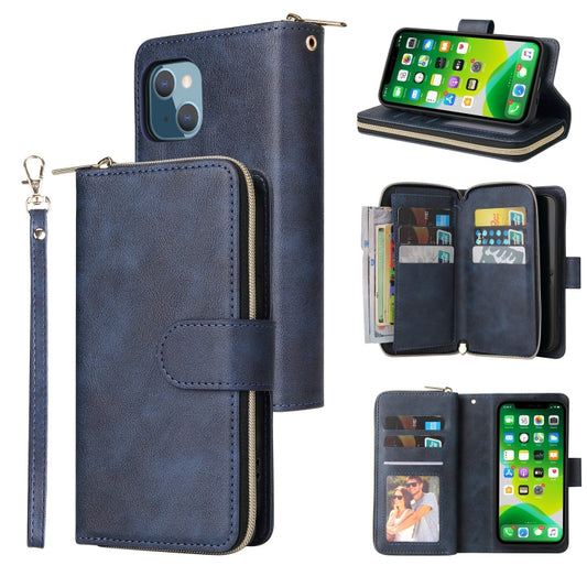 For iPhone 13 9 Card Slots Zipper Wallet Bag Leather Phone Case(Blue) - iPhone 13 Cases by buy2fix | Online Shopping UK | buy2fix