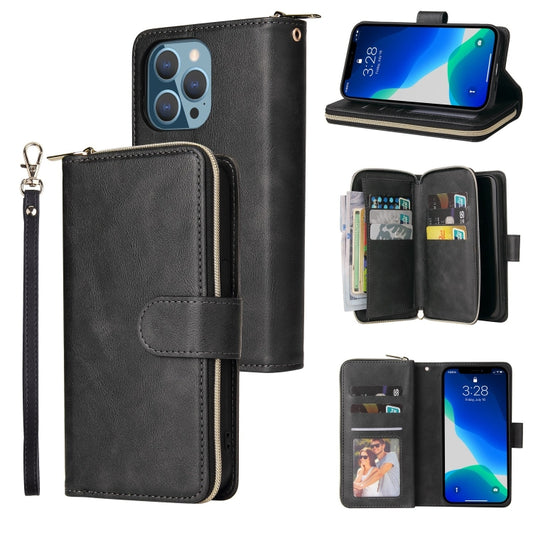 For iPhone 13 Pro 9 Card Slots Zipper Wallet Bag Leather Phone Case (Black) - iPhone 13 Pro Cases by buy2fix | Online Shopping UK | buy2fix