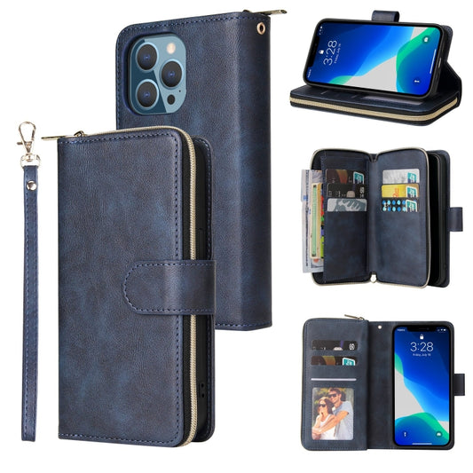 For iPhone 13 Pro 9 Card Slots Zipper Wallet Bag Leather Phone Case (Blue) - iPhone 13 Pro Cases by buy2fix | Online Shopping UK | buy2fix