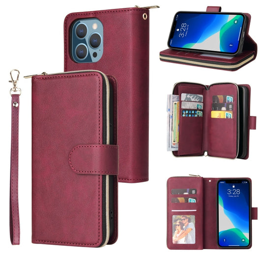 For iPhone 13 Pro Max 9 Card Slots Zipper Wallet Bag Leather Phone Case (Wine Red) - iPhone 13 Pro Max Cases by buy2fix | Online Shopping UK | buy2fix