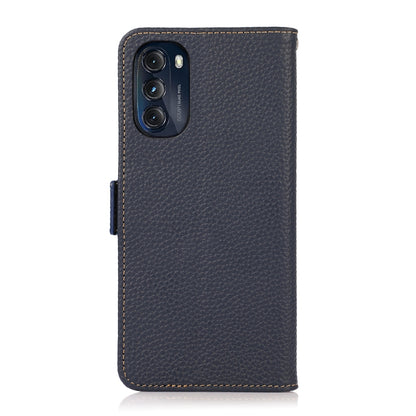 For Motorola Moto G 2022 5G KHAZNEH Side-Magnetic Litchi Genuine Leather RFID Phone Case(Blue) - Motorola Cases by buy2fix | Online Shopping UK | buy2fix
