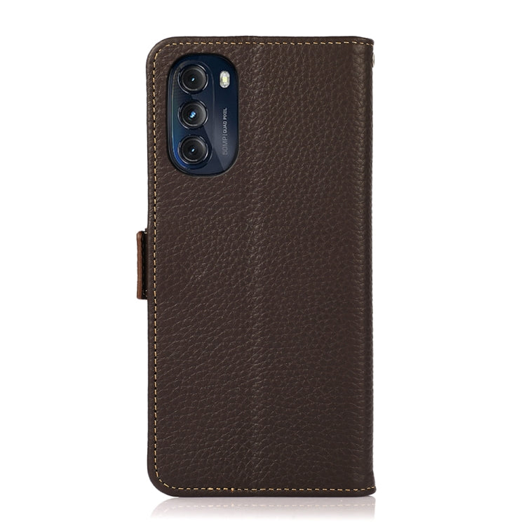 For Motorola Moto G 2022 5G KHAZNEH Side-Magnetic Litchi Genuine Leather RFID Phone Case(Brown) - Motorola Cases by buy2fix | Online Shopping UK | buy2fix
