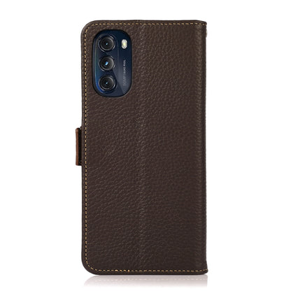 For Motorola Moto G 2022 5G KHAZNEH Side-Magnetic Litchi Genuine Leather RFID Phone Case(Brown) - Motorola Cases by buy2fix | Online Shopping UK | buy2fix