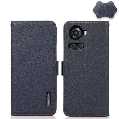 For OnePlus 10R / Ace KHAZNEH Side-Magnetic Litchi Genuine Leather RFID Phone Case(Blue) - OnePlus Cases by buy2fix | Online Shopping UK | buy2fix