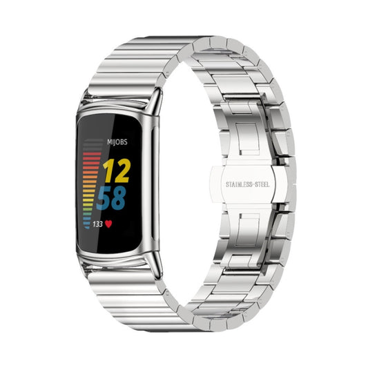 For Fitbit Charge 5 / Charge 6 Mijobs Bamboo Stainless Steel Metal Watch Band(Silver) - Watch Bands by MIJOBS | Online Shopping UK | buy2fix