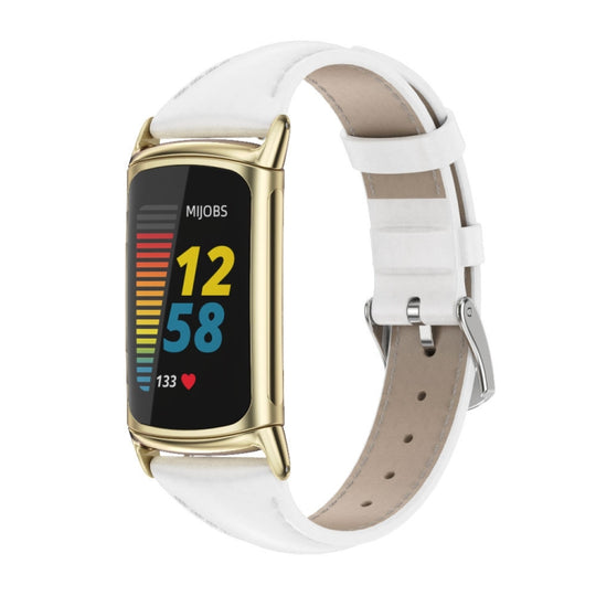 For Fitbit Charge 5 / Charge 6 Mijobs Genuine Leather Slim Watch Band(White+Gold)