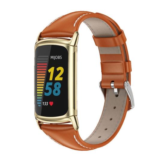 For Fitbit Charge 5 / Charge 6 Mijobs Genuine Leather Slim Watch Band(Orange+Gold)