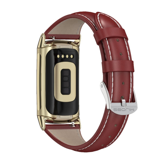 For Fitbit Charge 5 / Charge 6 Mijobs Genuine Leather Slim Watch Band(Red+Gold)