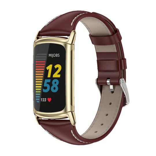For Fitbit Charge 5 / Charge 6 Mijobs Genuine Leather Slim Watch Band(Wine Red+Gold)