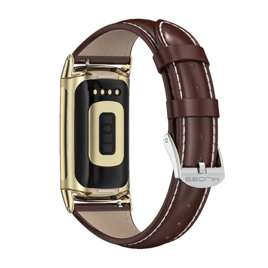 For Fitbit Charge 5 / Charge 6 Mijobs Genuine Leather Slim Watch Band(Coffee+Gold)