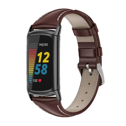 For Fitbit Charge 5 / Charge 6 Mijobs Genuine Leather Slim Watch Band(Coffee+Black) - Watch Bands by MIJOBS | Online Shopping UK | buy2fix