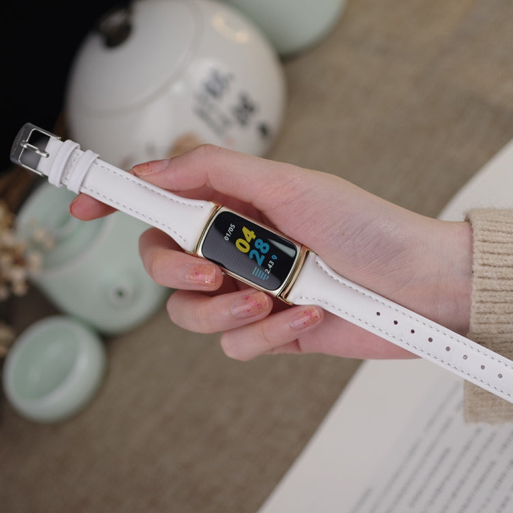 For Fitbit Charge 5 / Charge 6 Mijobs Genuine Leather Slim Watch Band(White+Gold) - Watch Bands by MIJOBS | Online Shopping UK | buy2fix
