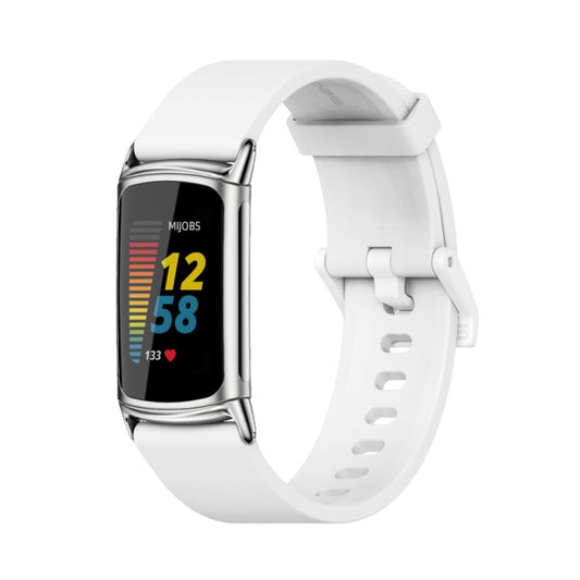 For Fitbit Charge 5 / Charge 6 Mijobs Soft Silicone  Watch Band(White+Silver) - Watch Bands by MIJOBS | Online Shopping UK | buy2fix