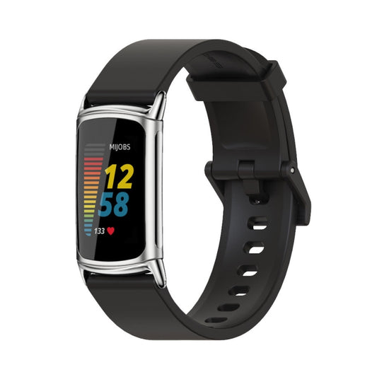 For Fitbit Charge 5 / Charge 6 Mijobs Soft Silicone  Watch Band(Black+Silver) - Watch Bands by MIJOBS | Online Shopping UK | buy2fix