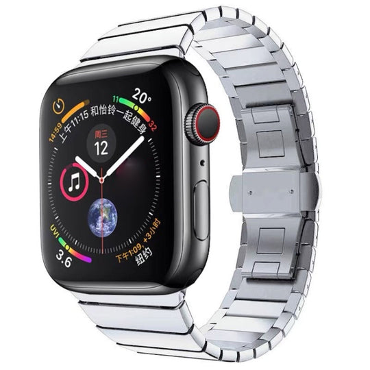 One-bead Steel Butterfly Buckle Watch Band For Apple Watch Ultra 49mm&Watch Ultra 2 49mm / Series 9&8&7 45mm / SE 3&SE 2&6&SE&5&4 44mm / 3&2&1 42mm(Silver)