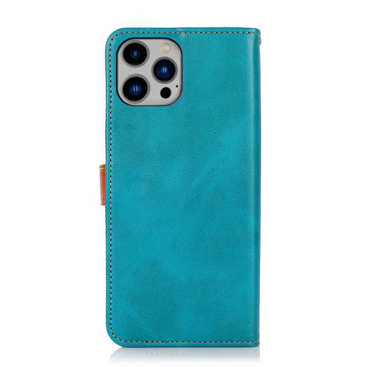 For iPhone 15 Pro KHAZNEH Dual-color Cowhide Texture Flip Leather Phone Case(Blue) - iPhone 16e Cases by buy2fix | Online Shopping UK | buy2fix