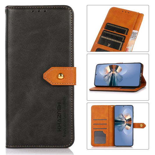 For iPhone 15 Plus KHAZNEH Dual-color Cowhide Texture Flip Leather Phone Case(Black) - iPhone 16e Cases by buy2fix | Online Shopping UK | buy2fix