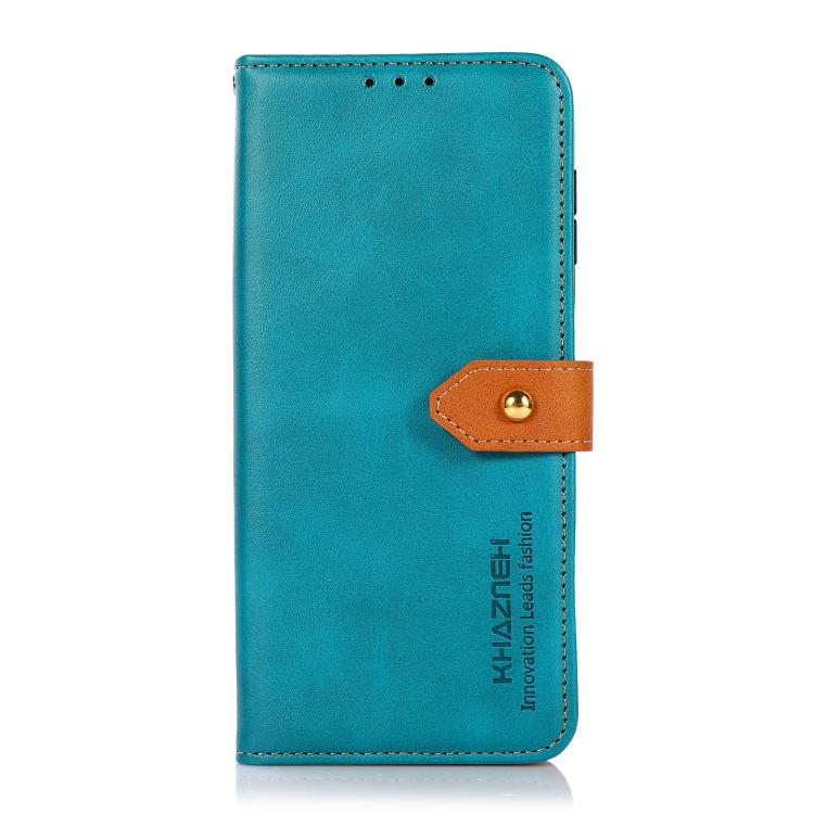 For iPhone 15 KHAZNEH Dual-color Cowhide Texture Flip Leather Phone Case(Blue) - iPhone 16e Cases by buy2fix | Online Shopping UK | buy2fix